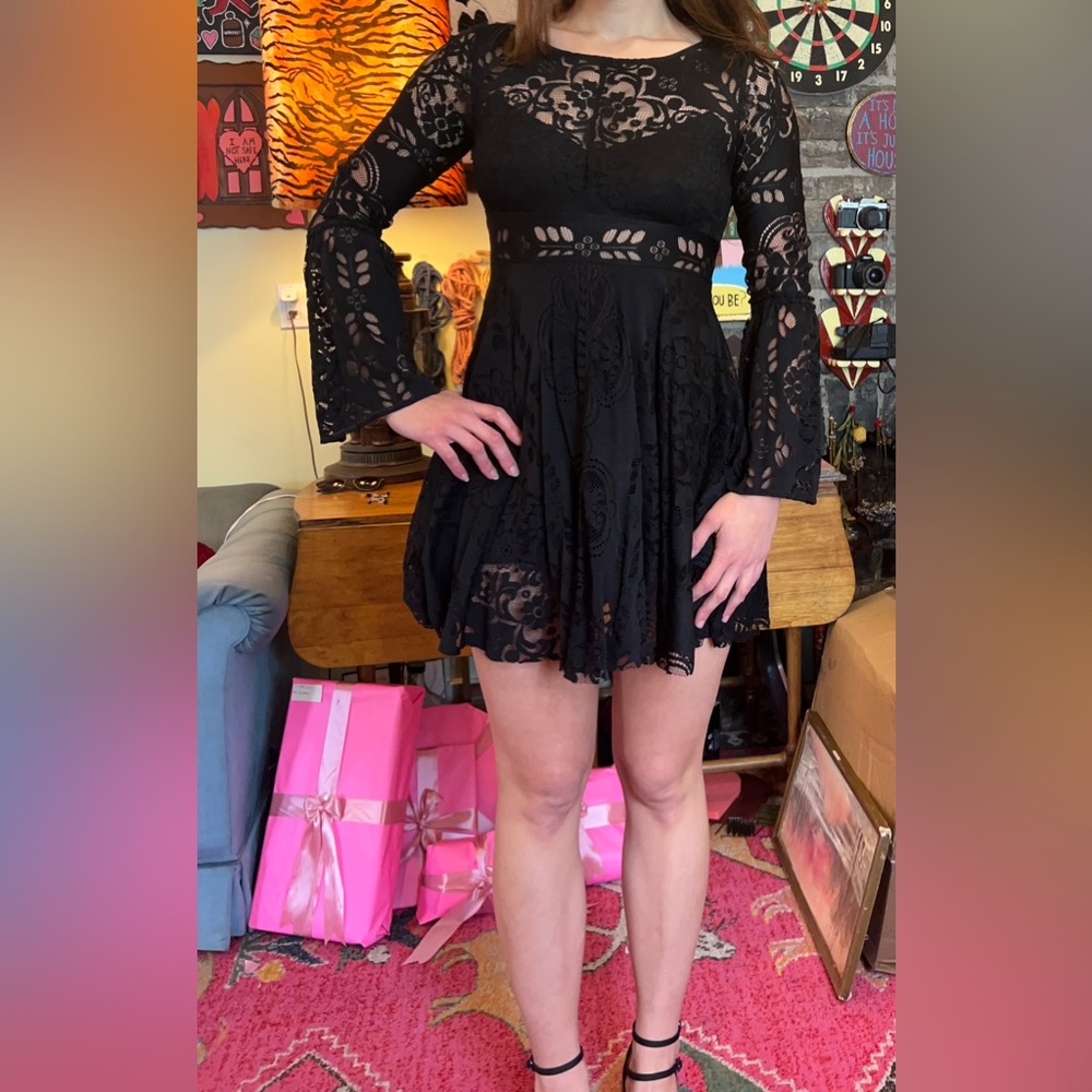 Free People Lace Lovers Folk Song Long Sleeve Black Bell Sleeve Dress - Witchy!!
